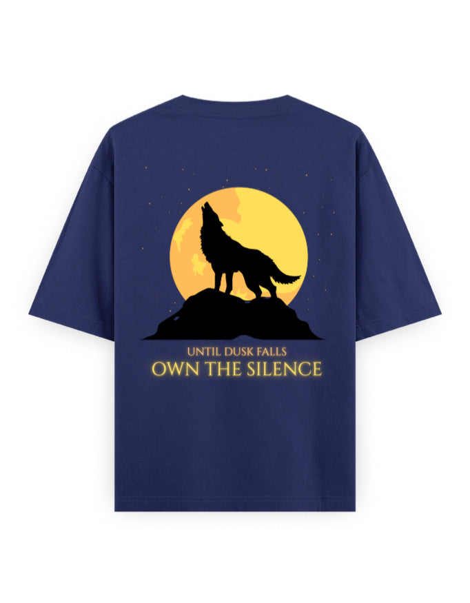 until dusk falls own the silence graphic royal-blue oversized tee