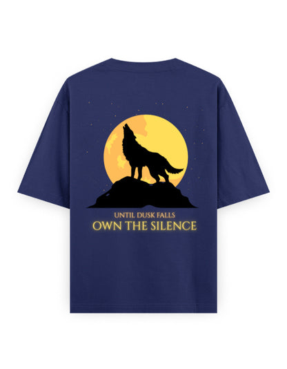 until dusk falls own the silence graphic royal-blue oversized tee