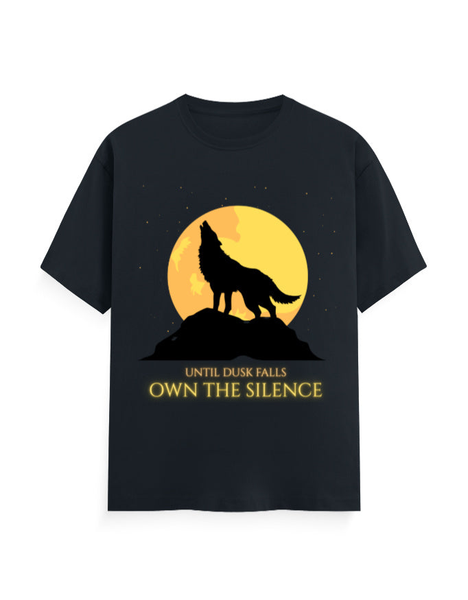 Until dusk falls, own the silence iconic graphic showing a wolf howling at night navy blue classic t-shirt