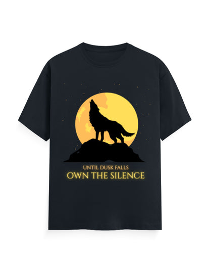 Until dusk falls, own the silence iconic graphic showing a wolf howling at night navy blue classic t-shirt