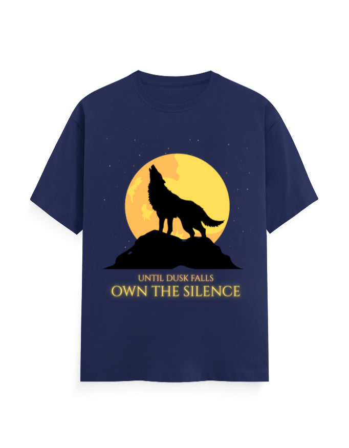 Until dusk falls, own the silence iconic graphic showing a wolf howling at night royal blue classic t-shirt