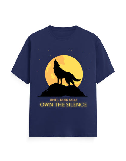 Until dusk falls, own the silence iconic graphic showing a wolf howling at night royal blue classic t-shirt