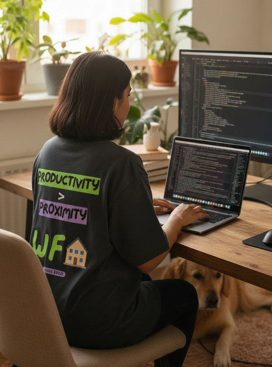 A developer working from home in a remote job and showing his tee which says productivity > proximity