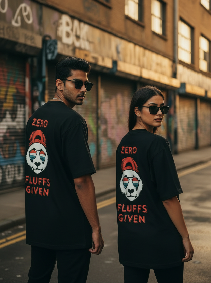 Two Models wearing Zero fluffs given panda graphic classic t-shirt