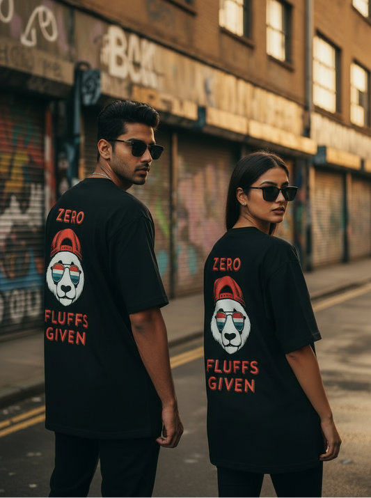Two Models wearing Zero fluffs given panda graphic classic t-shirt